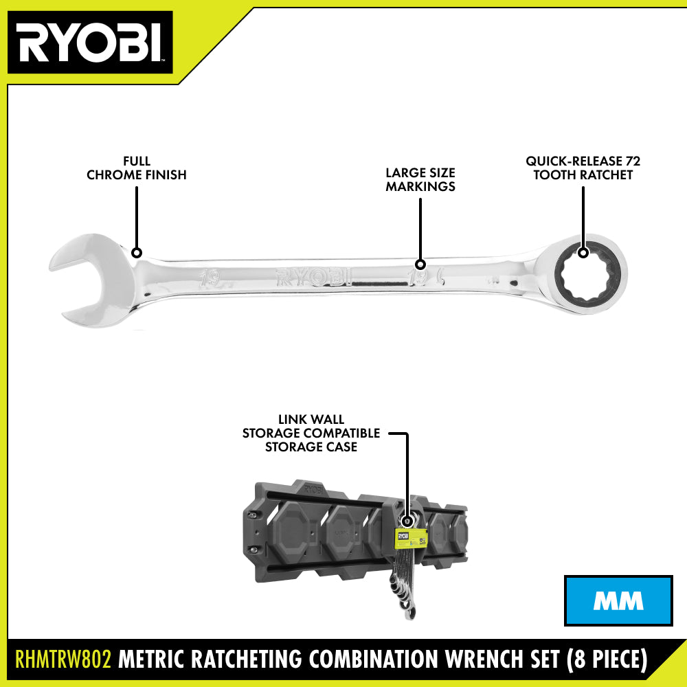 8 PC. Metric Ratcheting Combination Wrench Set